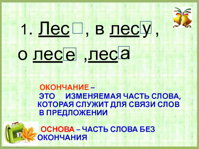 Основа слова и окончание. Окончание. Часть слова которая служит для связи слов в предложении. Окончание это изменяемая часть слова которая служит для. Окончание часть слова.