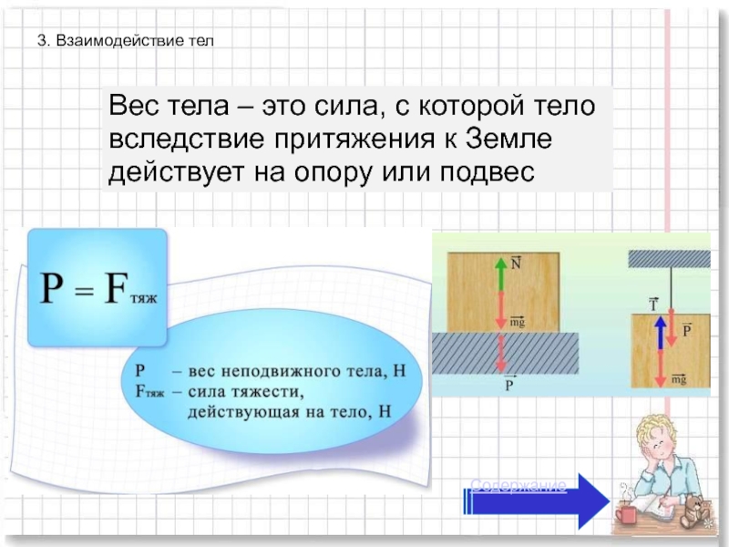 Вес тела действует на опору. Взаимодействие веса тела. Вес тела это сила с которой тело. Вес это сила с которой тело действует на опору или подвес. Взаимодействие тел масса тел.