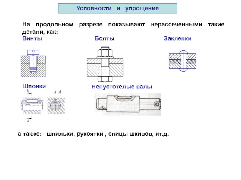 На сборочных чертежах болты винты шпильки шпонки и другие не пустотелые детали в продольном разрезе