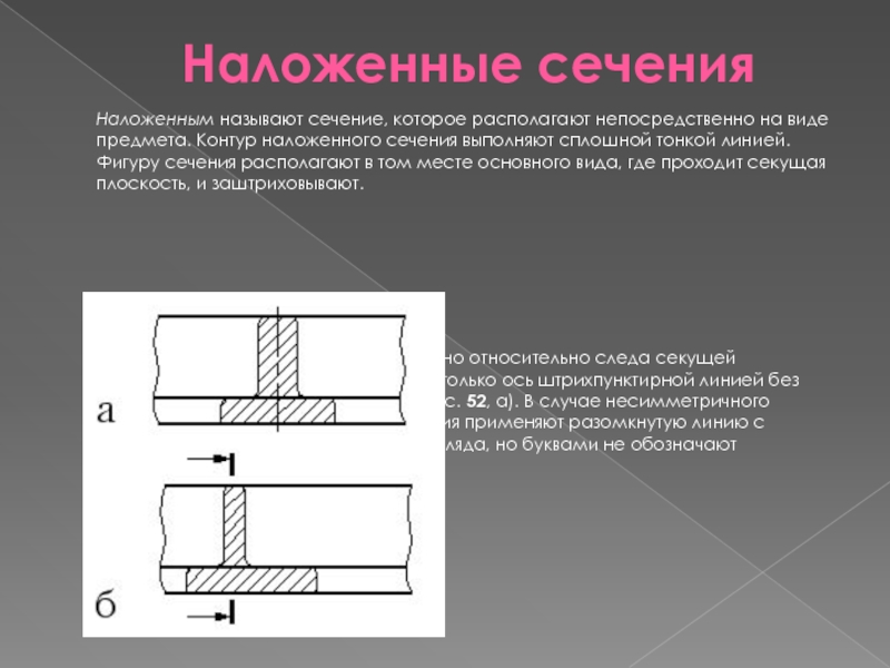 Разное сечение. Наложенное сечение. Контур наложенного сечения выполняют:. Выполнено наложенное сечение. Наложенное несимметричное сечение.