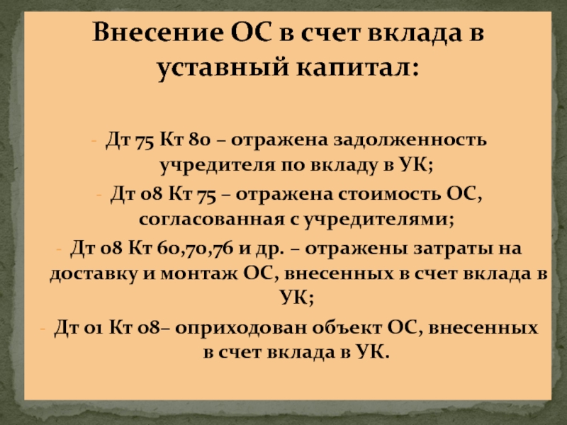 Счет вклад в уставной капитал. ДТ 75 кт 80.