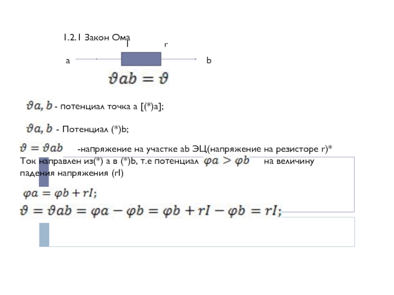 Презентация 1.2.1 Закон Ома
I r
- потенциал точка а [(*)a];
- Потенциал (*) b;
- напряжение