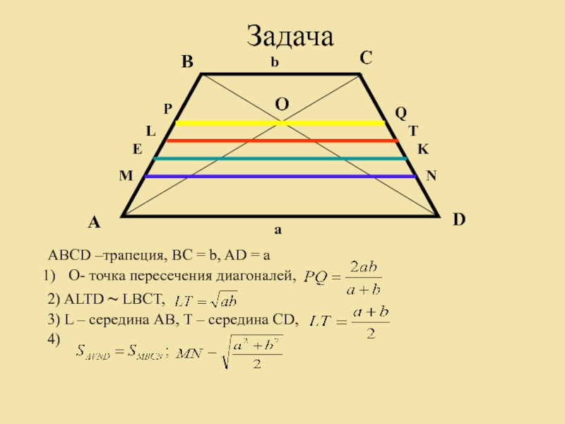 В трапеции abcd ad 7. Средняя линия трапеции и точка пересечения диагоналей. Среднее гармоническое в трапеции. Пересечение диагоналей в трапеции. Среднее гармоническое оснований трапеции.