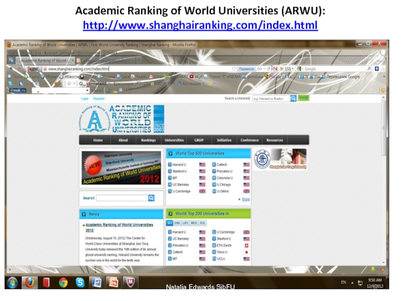 Academic Ranking of World Universities (ARWU): http://www.shanghairanking.com/index.html  Natalia Edwards SibFU