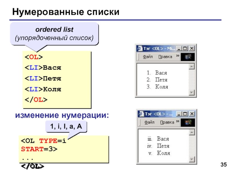Web- страницы. Язык HTML Нумерованные спискиВася ПетяКоляordered list (упорядоченный список) изменение нумерации:...1, i, I, a, A Нумерованные спискиВася  ПетяКоляordered list  (упорядоченный список) изменение нумерации:...1, i, I, a, A