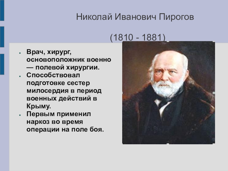 Николай Иванович Пирогов   (1810 - 1881)Врач, хирург,основоположник военно — полевой хирургии.Способствовал подготовке сестер милосердия в
