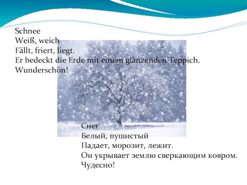 SchneeWeiß, weichFällt, friert, liegt.Er bedeckt die Erde mit einem glänzenden Teppich.Wunderschön!СнегБелый, пушистыйПадает, морозит, лежит.Он укрывает землю сверкающим