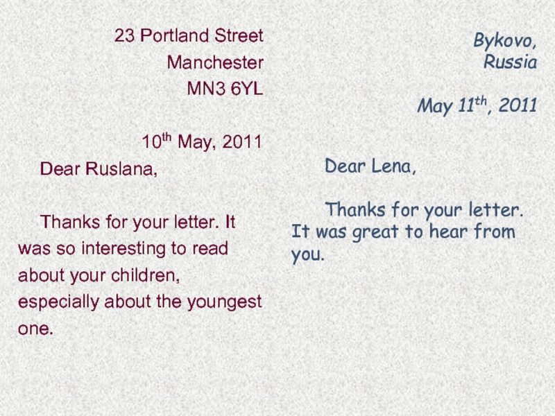 23 Portland Street	Manchester	MN3 6YL	10th May, 2011Dear Ruslana,Thanks for your letter. It was so interesting to read about