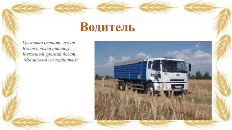 Водитель Грузовики спешат, гудят-Везут с полей пшеницу.Колхозный урожай богат, Мы можем им гордиться!