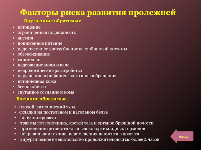 Факторы пролежней. Обратимый внутренний фактор риска развития пролежней. Внешние факторы риска пролежней. Внутренние факторы риска возникновения пролежней. Пролежни факторы риска развития пролежней.