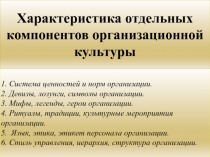 1. Система ценностей и норм организации. 2. Девизы, лозунги, символы