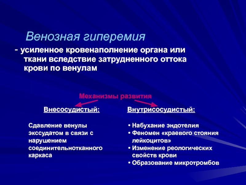 Венозная гиперемия. Механизм развития венозной гиперемии. Патогенез венозной гиперемии.