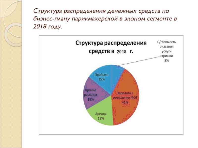 Структура распределения денежных средств по бизнес-плану парикмахерской в эконом сегменте в 2018 году.