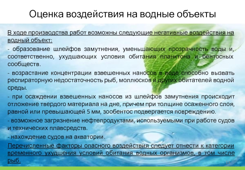 Оценка влияния (возможного затопления) ближайших водных объектов.