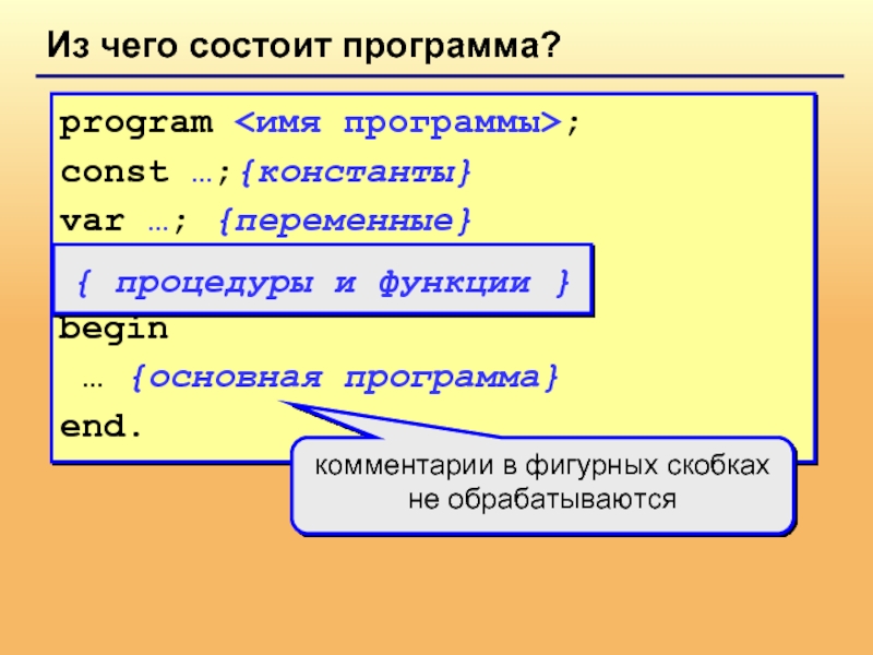 1 программа состоит из. Из чего состоит программа. Program имя программы const. Из чего состоит программа Паскаль. Program имя программы const имя константы.