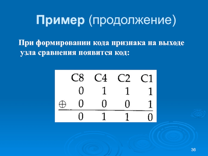 Пример (продолжение)  При формировании кода признака на выходе узла сравнения появится код: