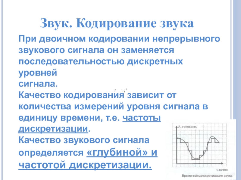 Дискретный уровень. Кодирование звукового сигнала. Кодирование звуковой информации. Качество кодирования непрерывного звукового сигнала зависит от. Кодирование звуковой информации Информатика.