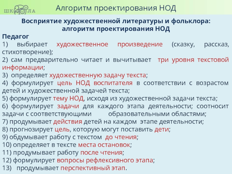 Восприятие художественной литературы и фольклора. Восприятие художественной литературы. Алгоритм проектирования НОД В ДОУ. Цель и задачи восприятия художественной литературы и фольклора.