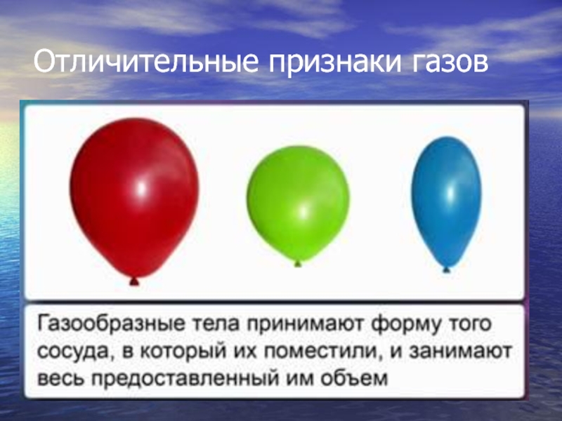 Признаки газов. Газообразные тела форму и занимают весь предоставленный им объём. Газообразные тела силы притяжения. Отличительные признаки газов воздуха.