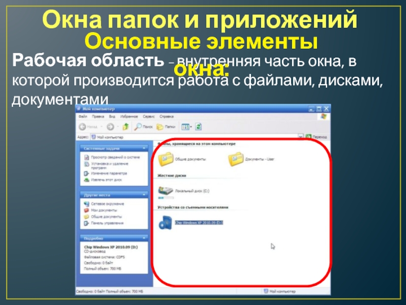 Окно папки. Основные элементы окон папок. Элементы окна папок и приложений. Рабочая область окна папки. Окно папки это в информатике.