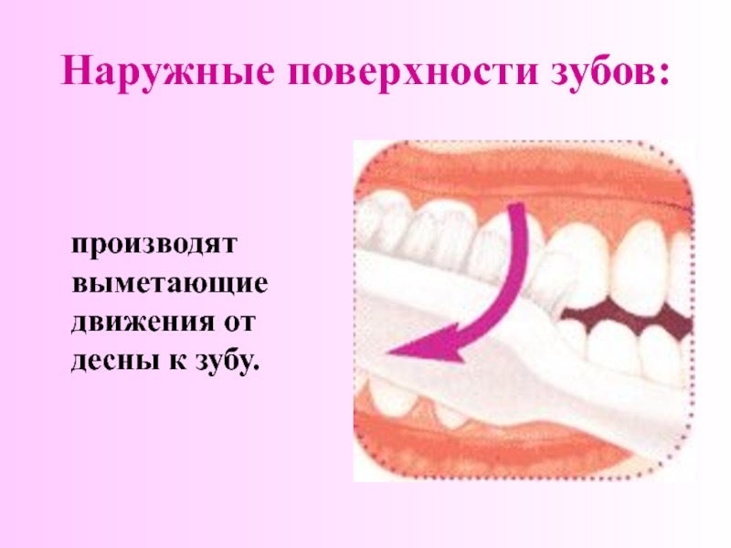 Наружные поверхности зубов:   производят выметающие движения от десны к зубу.