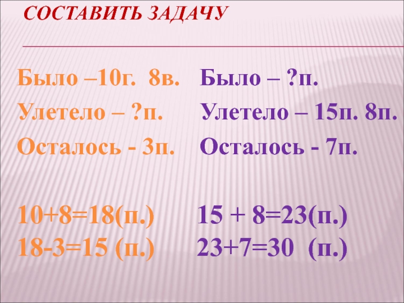 П пятнадцать. Было улетели 8 в осталось 7. Задача было улетели 8 осталось 7. Составь по краткой записи задачу и реши ее было улетели 8 осталось 7. Задача было улетело осталось.