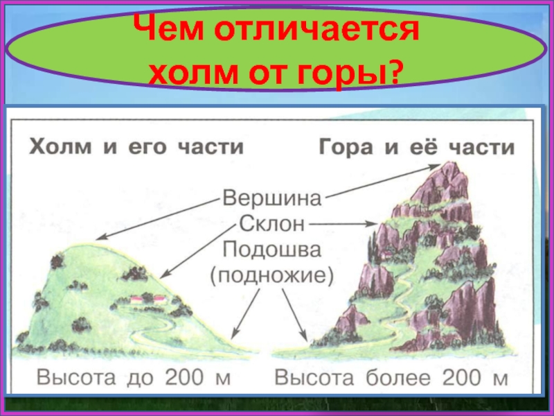 Образование холмов. Схема горы и холма. Части горы. Холмы и овраги. Чем отличается гора и холм.