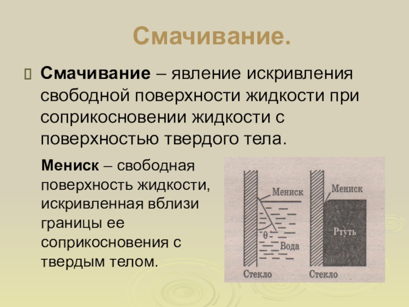 Свободная поверхность жидкости. Смачивание капиллярные явления. Поверхностное натяжение и смачивание. Поверхностное натяжение смачивание капиллярные явления. Капиллярные явления. Явление смачивания.