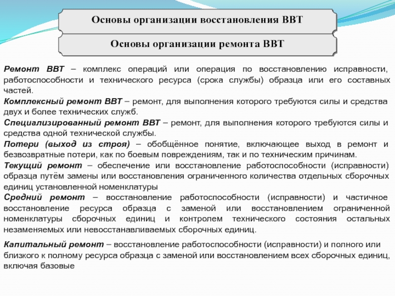 Восстановление предприятия. Организация восстановления и ремонта ВВТ. Методы ремонта ВВТ. Порядок проведения ремонта ВВТ. Восстановительный ремонт ВВТ.