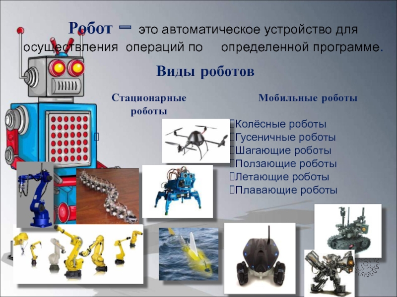 Мир профессий в робототехнике 8 класс проект. Виды роботов. Видыробототехнике. Типы роботов в робототехнике. Мобильные роботы шагающие.