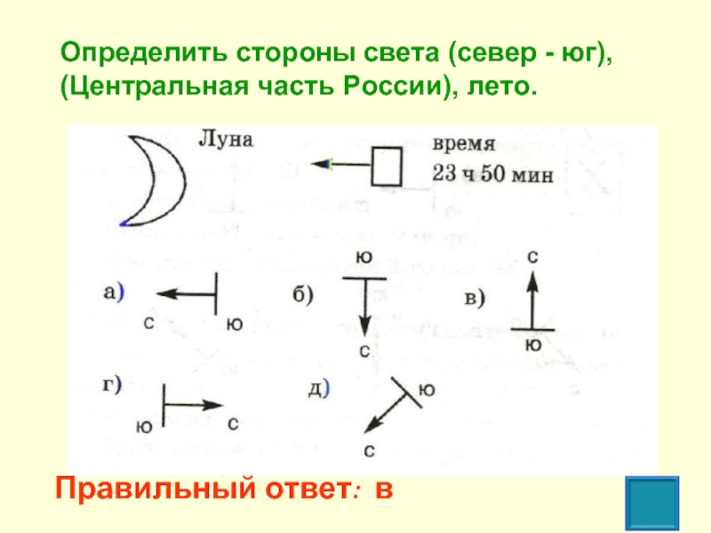Правильный ответ: вОпределить стороны света (север - юг), (Центральная часть России), лето.