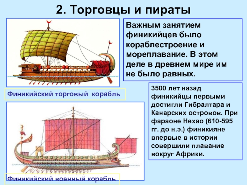 2. Торговцы и пираты  Важным занятием финикийцев было кораблестроение и мореплавание. В этом деле в древнем
