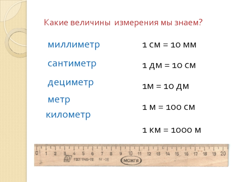 Какие величины измерения мы знаем? миллиметрсантиметрдециметрметркилометр1 см = 10 мм1 дм = 10 см1м = 10 дм1