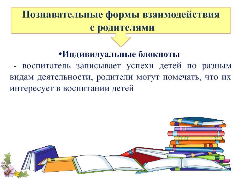 Познавательные формы. «Педагогические знания родителям».. Рабочий индивидуальный блокнот по взаимодействию с родителями.