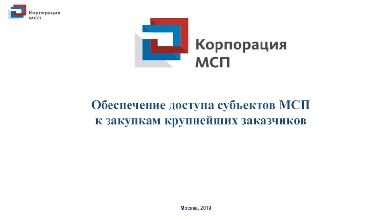 Обеспечение доступа субъектов МСП к закупкам крупнейших заказчиков
Москва, 2019