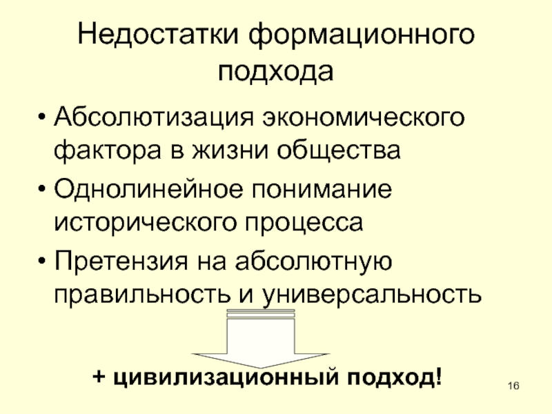 ОБЩЕСТВО Недостатки формационного подходаАбсолютизация экономического фактора в жизни обществаОднолинейное понимание исторического процессаПретензия Недостатки формационного подходаАбсолютизация экономического фактора в жизни обществаОднолинейное понимание исторического процессаПретензия на абсолютную правильность и универсальность+ цивилизационный