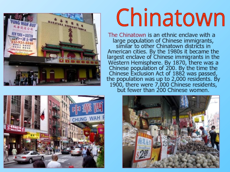 The Chinatown is an ethnic enclave with a large population of Chinese immigrants, similar to