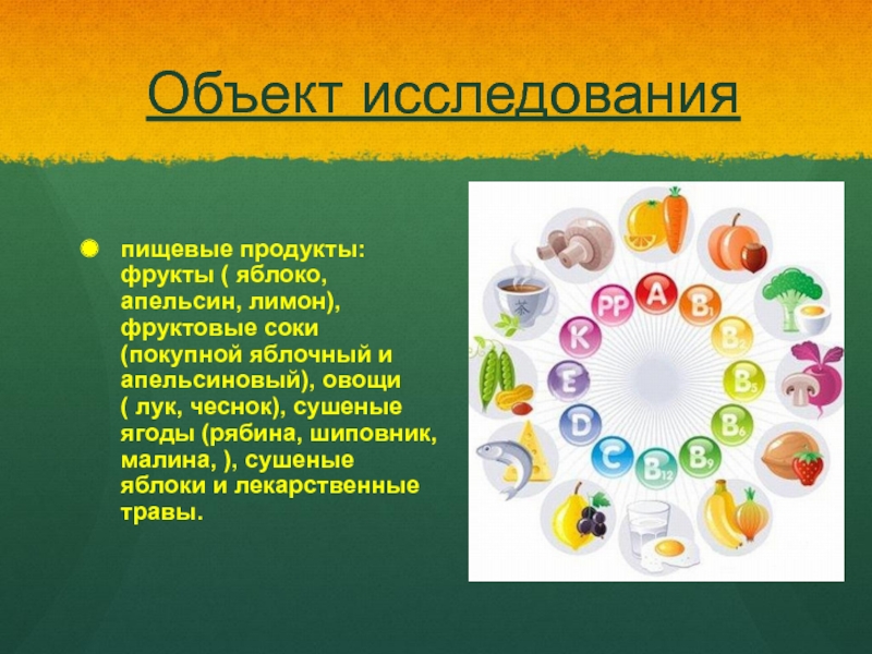 Объект исследования пищевые продукты: фрукты ( яблоко, апельсин, лимон), фруктовые соки (покупной яблочный и апельсиновый), овощи