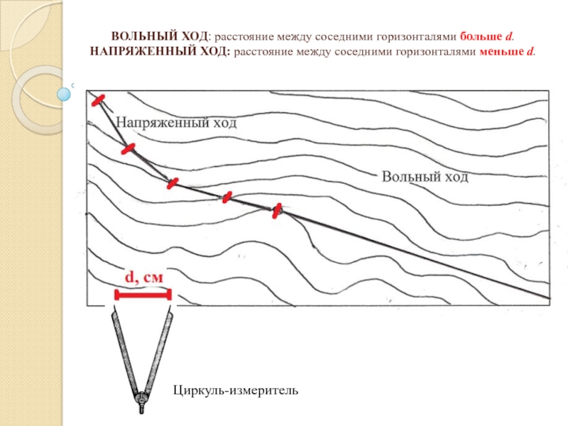 Расстояние по горизонтали. Трассирование участка железнодорожной линии. Трассирование по планам в горизонталях. Расстояние между горизонталями.