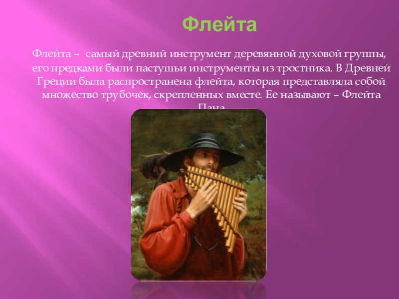 Флейта   Флейта – самый древний инструмент деревянной духовой группы, его предками были пастушьи инструменты из