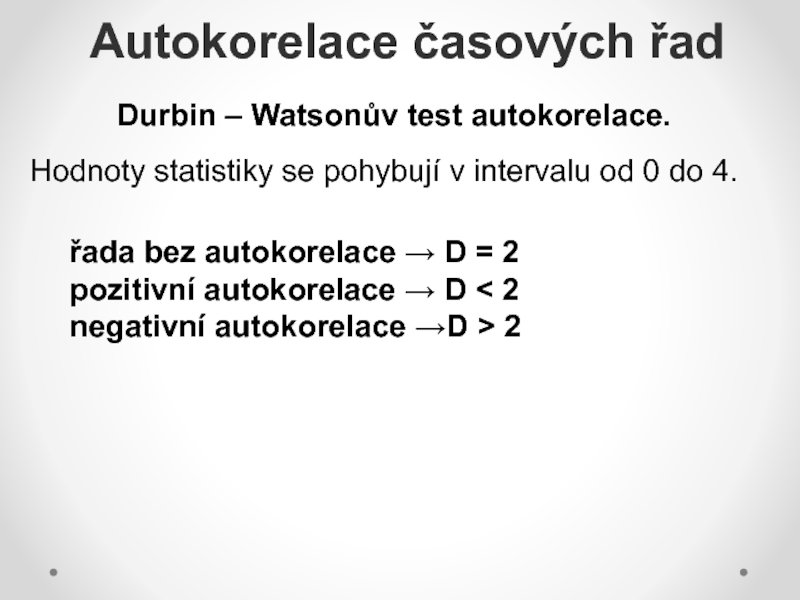 Durbin – Watsonův test autokorelace.Hodnoty statistiky se pohybují v intervalu od 0 do 4.  	řada bez