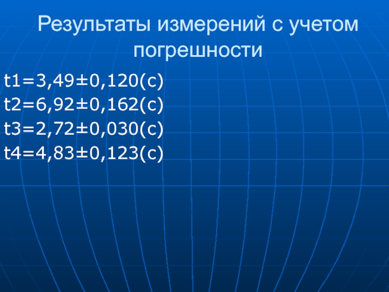 Результаты измерений с учетом погрешностиt1=3,49±0,120(с)t2=6,92±0,162(с)t3=2,72±0,030(с)t4=4,83±0,123(с)