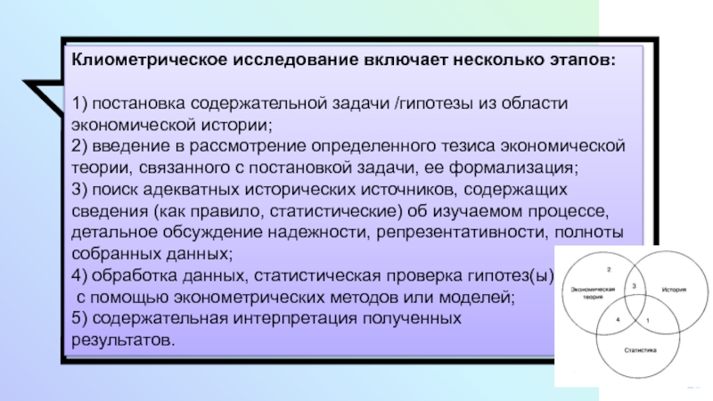 Включенное исследование. Этапы клиометрического исследования. Задачи истории экономики. Содержательная интерпретация результатов. Теория связанных мод.