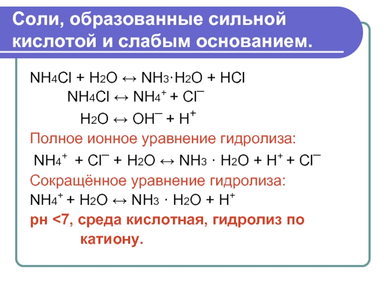 Соли, образованные сильной кислотой и слабым основанием.NH4Cl + H2O ↔ NH3·H2О + НСl