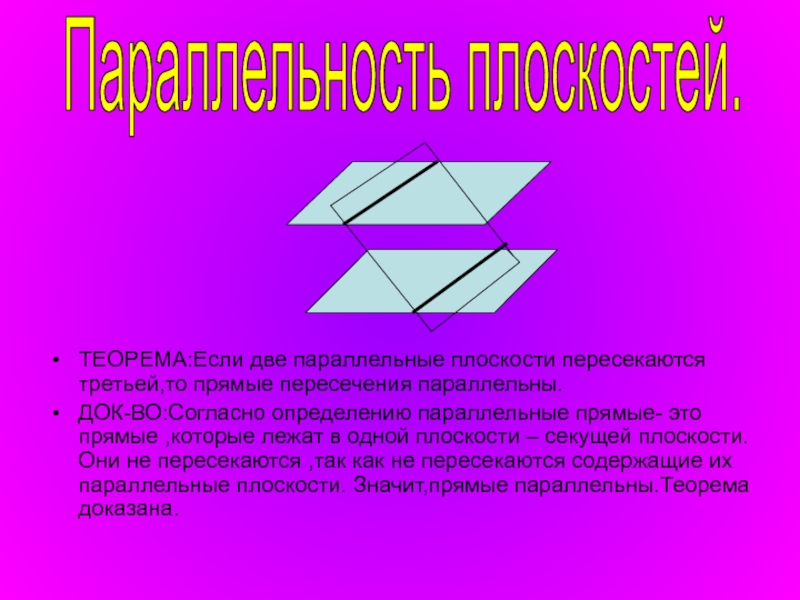 Пересечение двух плоскостей третьей. Две плоскости пересекаются третьей прямые пересечения параллельные. Теорема о параллельности плоскостей. Теорема о параллельности 2 плоскостей. Если 2 параллельные плоскости пересекаются третьей.