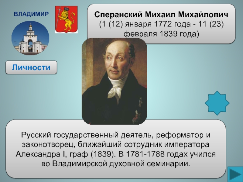 ВладимирЛичностиСперанский Михаил Михайлович(1 (12) января 1772 года - 11 (23) февраля 1839 года)Русский государственный деятель, реформатор и