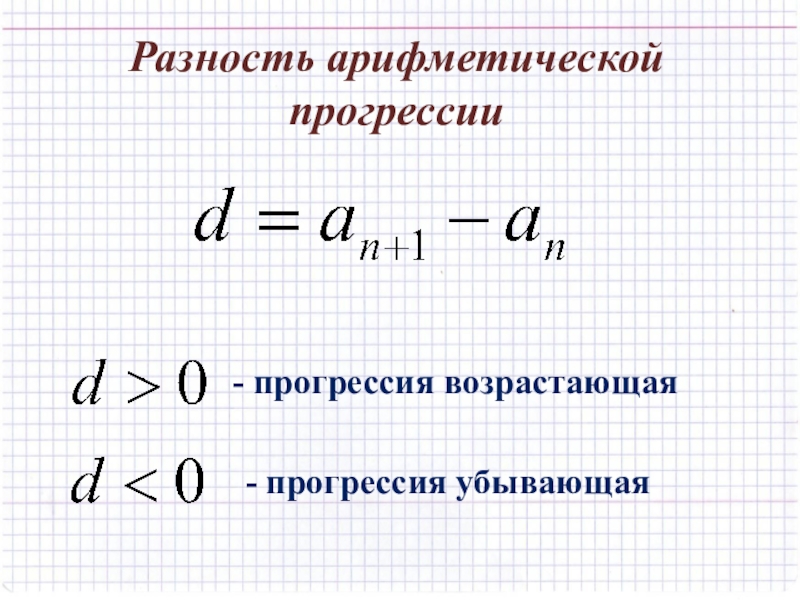 Алгебраическая прогрессия. Разность алгебраической прогрессии. Разность арифметической прогрессии. Знаменатель арифметической прогрессии. Убывающая арифметическая прогрессия.