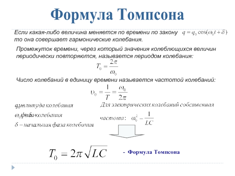 Период колебаний идеального колебательного контура. Частота через формулу Томпсона. Формула Томсона для периода колебаний. Формула Томсона вывод формулы. Формула Томсона через частоту.