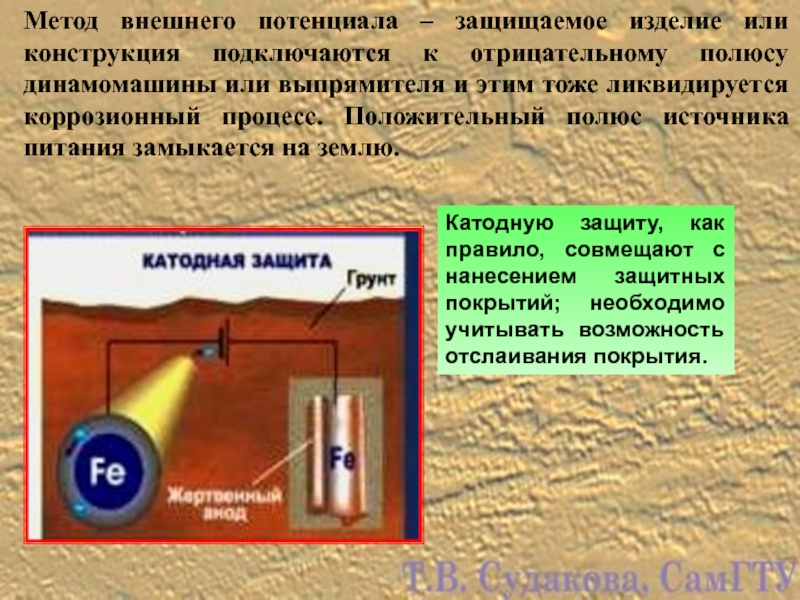 Наружный способ. Положительный полюс источника. Полюса источника. Презентация на тему катодная защита от коррозии. Защита внешним потенциалом.