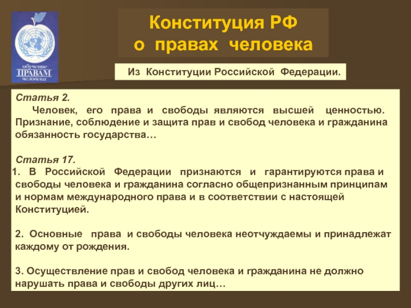 Конституция РФ  о правах человека  Из Конституции Российской Федерации.Статья 2.   Человек,  его